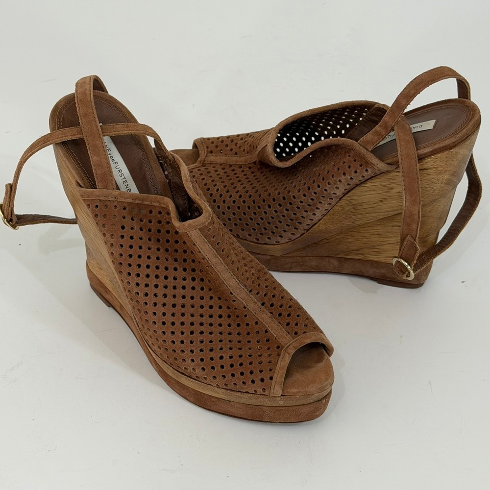 Diane von Furstenberg DVF Wedge Sandals 9.5M Brown Suede Perforated Wood Heel